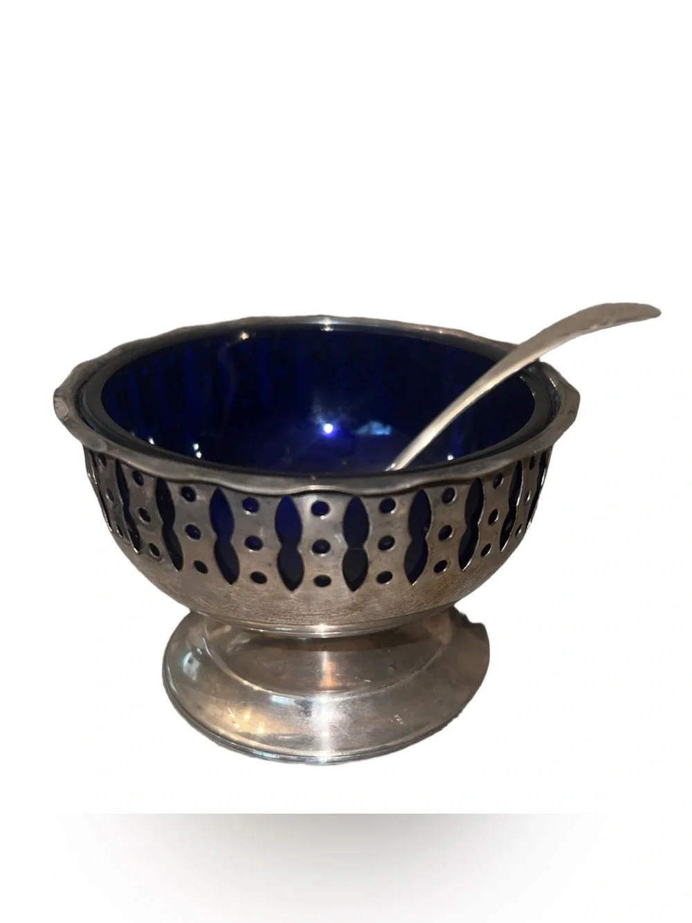 Vintage Silver Plated Sugar Dish With Original Cobalt Blue Glass Bowl & Spoon